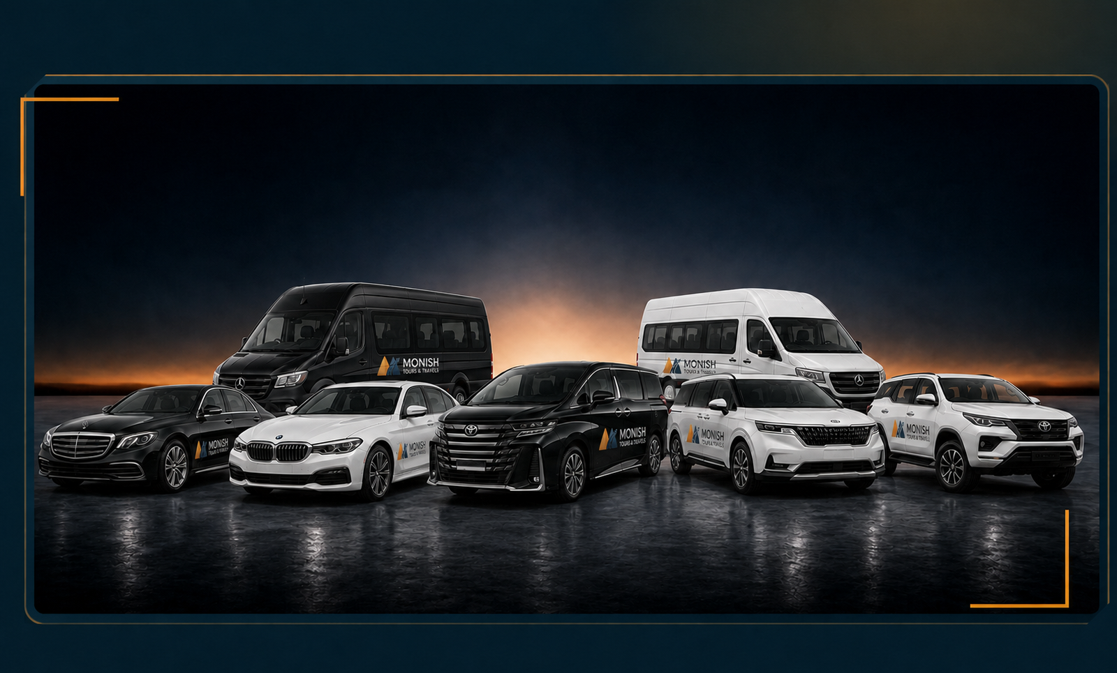 Monish Tours and Travels branded premium fleet including Mercedes-Benz, BMW, Toyota Vellfire, Kia Carnival, SUVs and group travellers